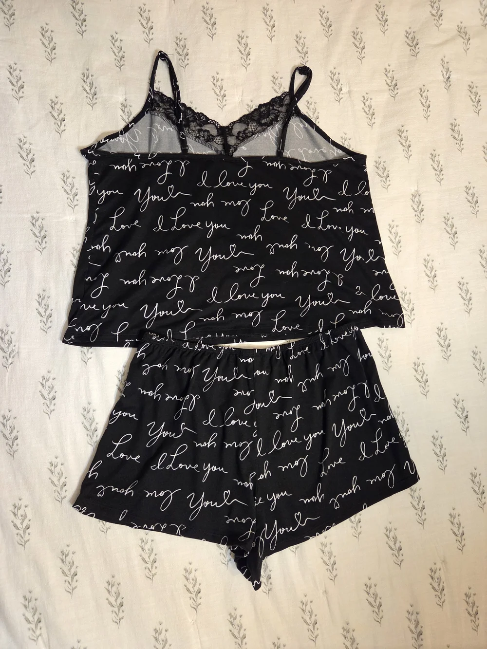 Lace-Trim Script Dreamy Soft Cami Shorts Set - Black